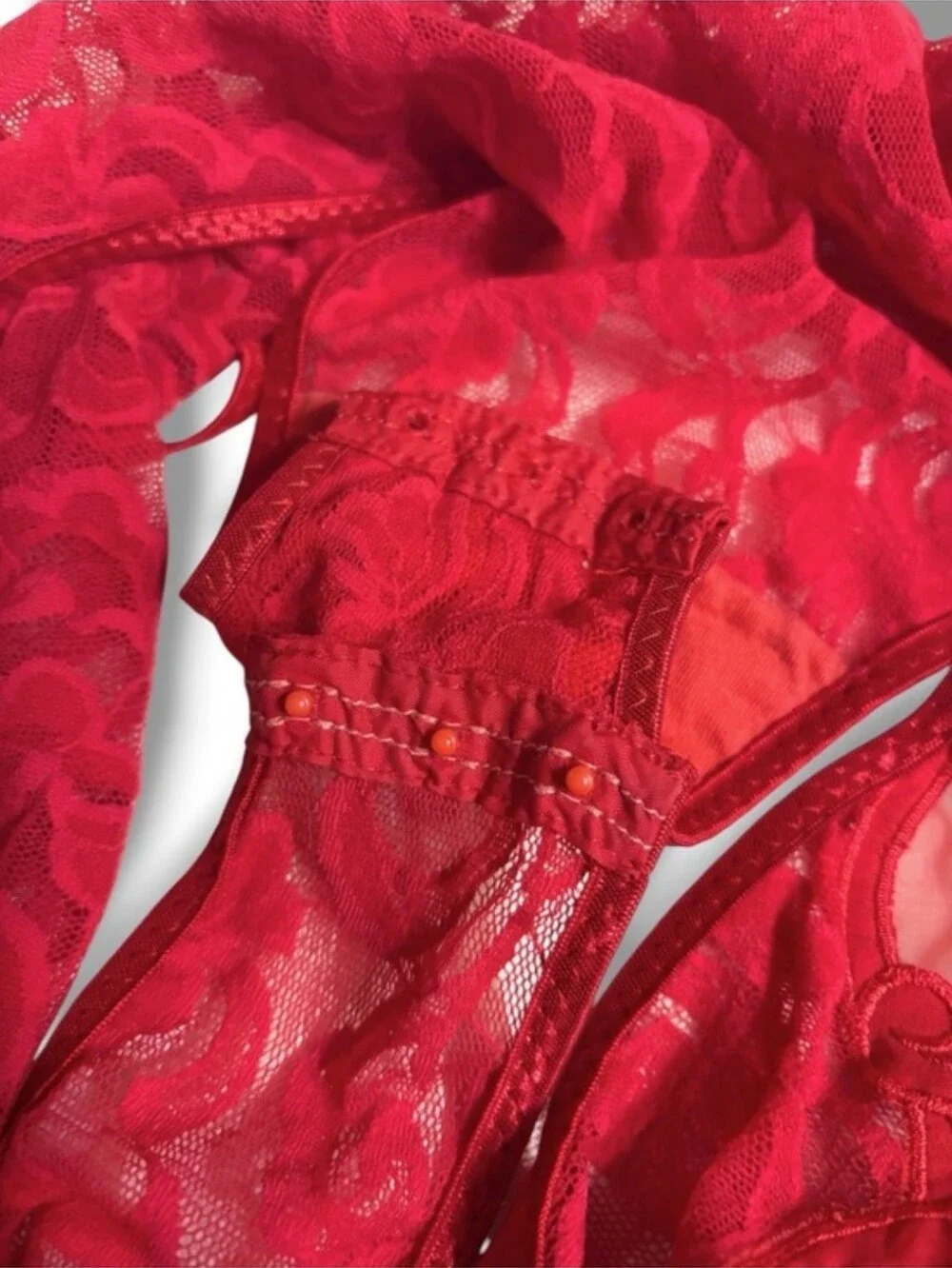 NATORI Red Stretch Lace Bodysuit Sheer Mesh & Satin Design Size Small VINTAGE